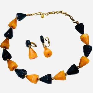 Vintage Bakelite Black Orange Pyramid Bead Necklace Earring Set